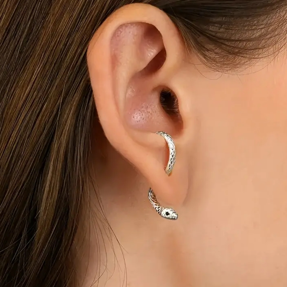 18 Kt White Gold Over Titanium Snake Hoop Earrings